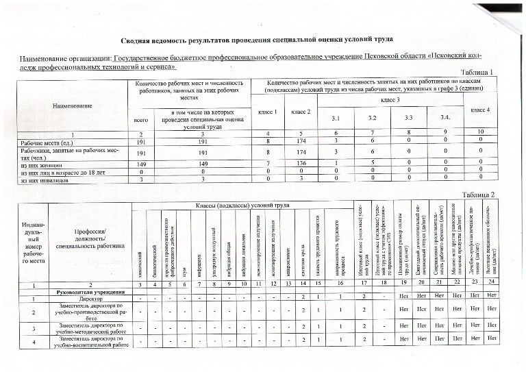 Отчет о проведении специальной оценки условий труда в ГБПОУ ПО Псковский колледж профессиональных технологий и сервиса